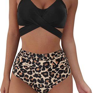 High Waisted 2 Piece Leopard Swimsuit